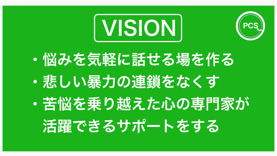 ［VISION］
・悩みを気軽に話せる場を作る
・悲しい暴力の連鎖をなくす
・苦悩を乗り越えた人が活躍できるサポートをする
